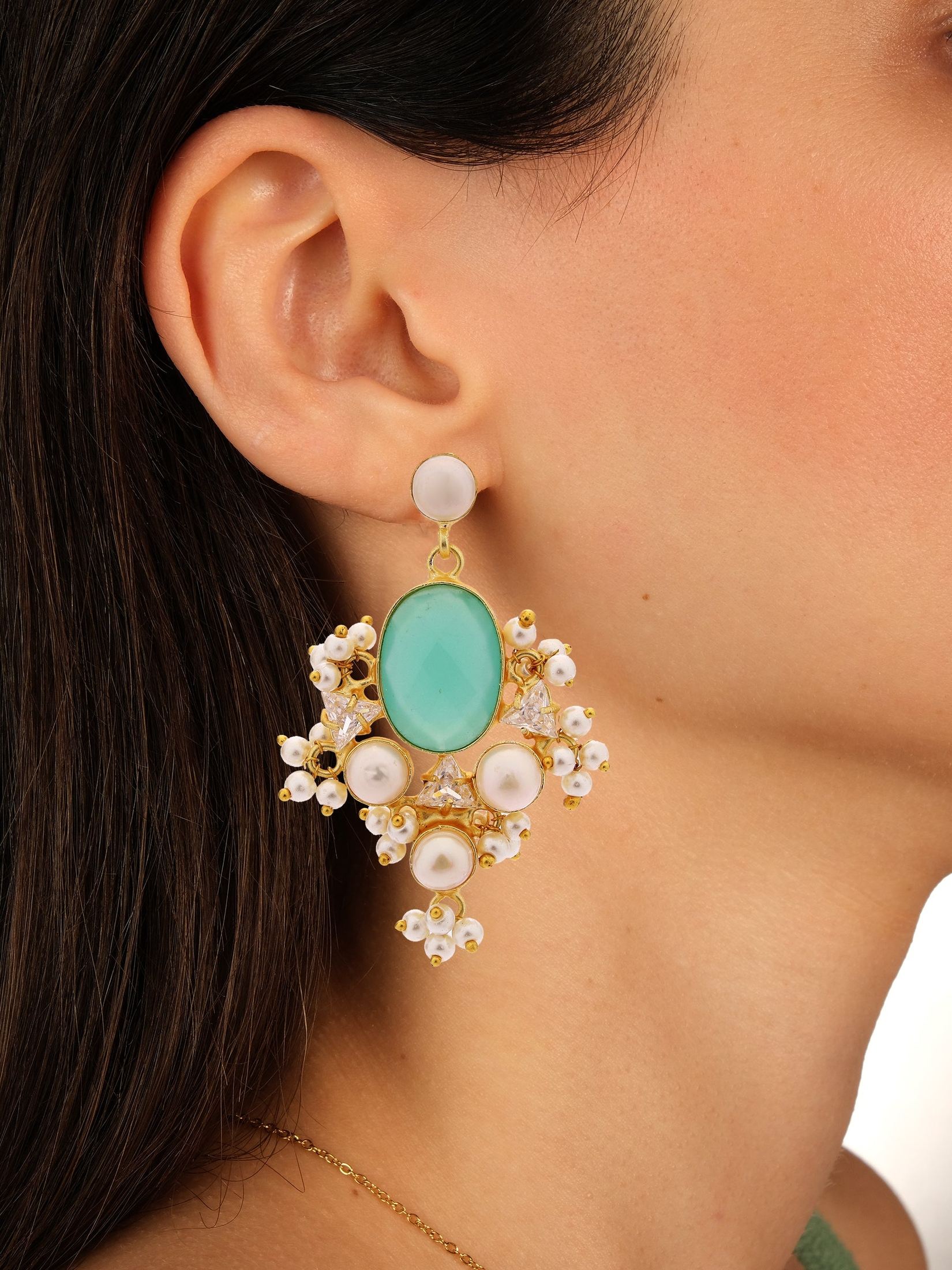 Oval Mint green pearl drop Earring