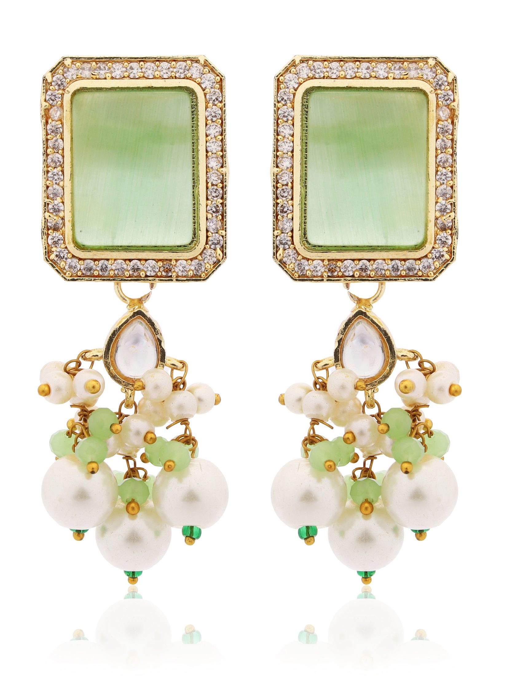 Pearl Danglers with Apple green Stone