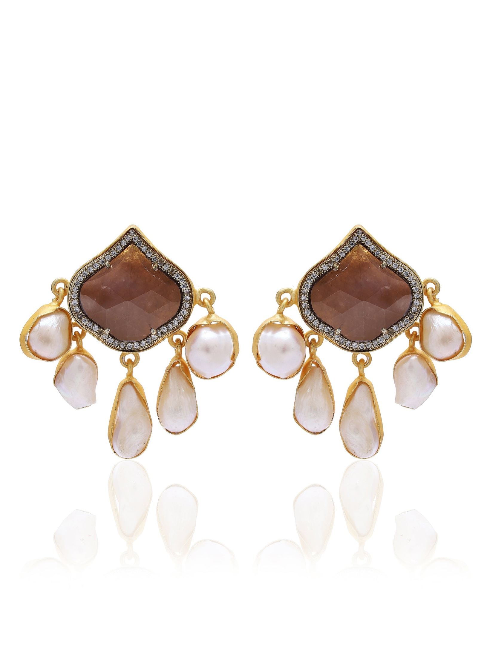 Dangling Pearl Earrings with Opulent Center Stone