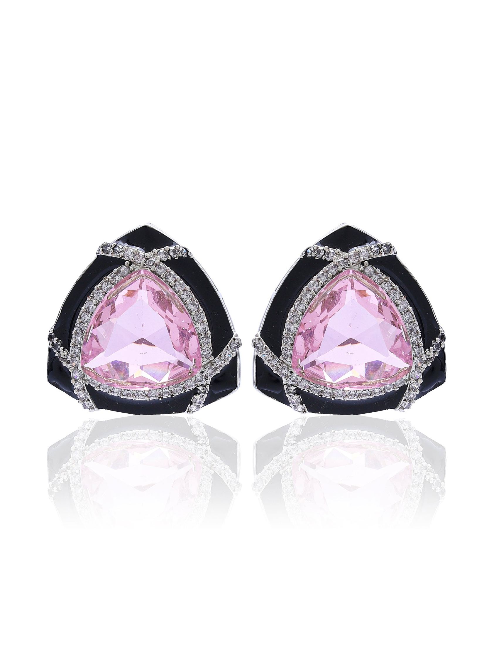 Party Wear studs with Black enamel and triangular Pink colored stones