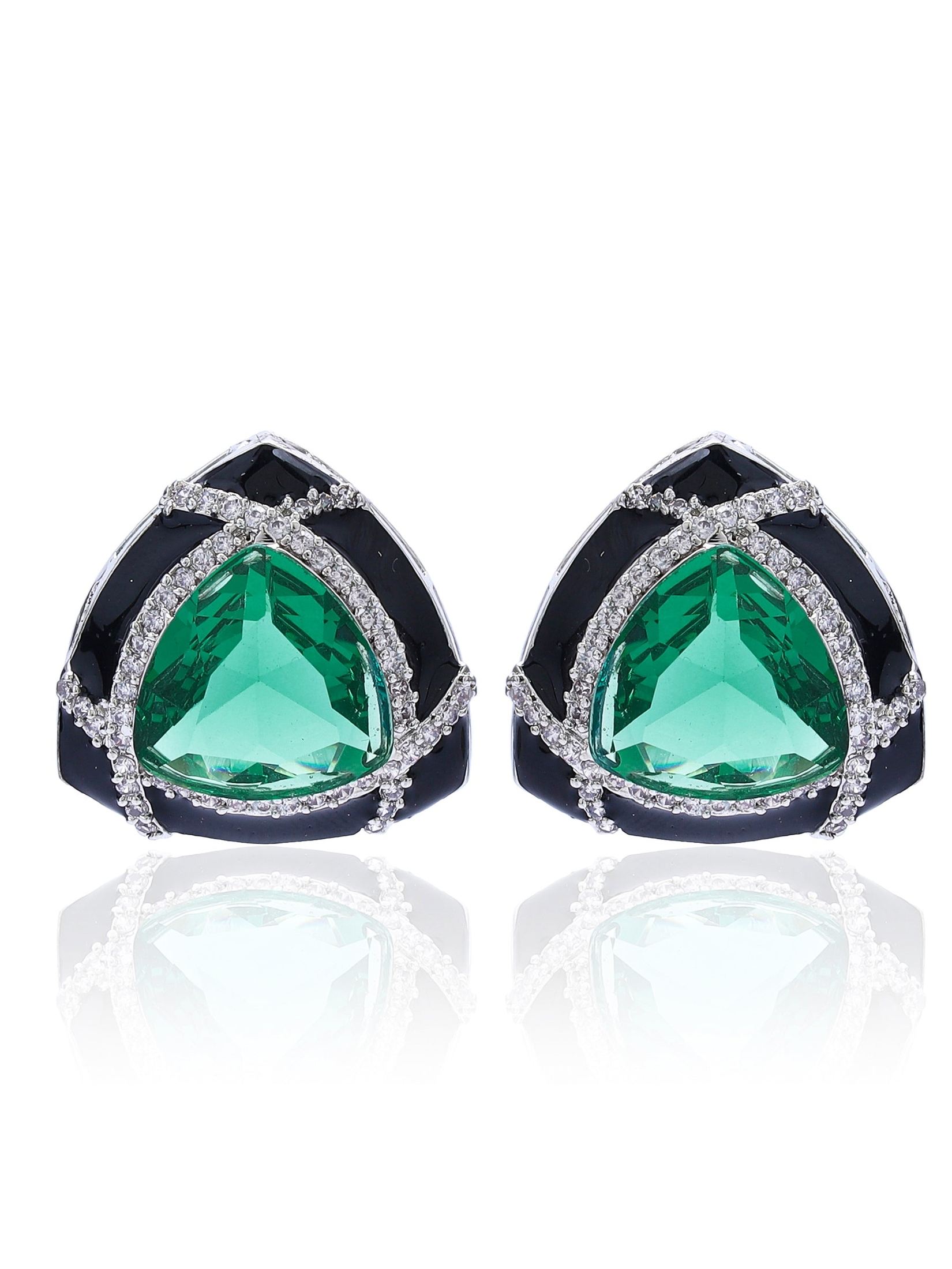 Party Wear studs with Black enamel and triangular Green colored stones