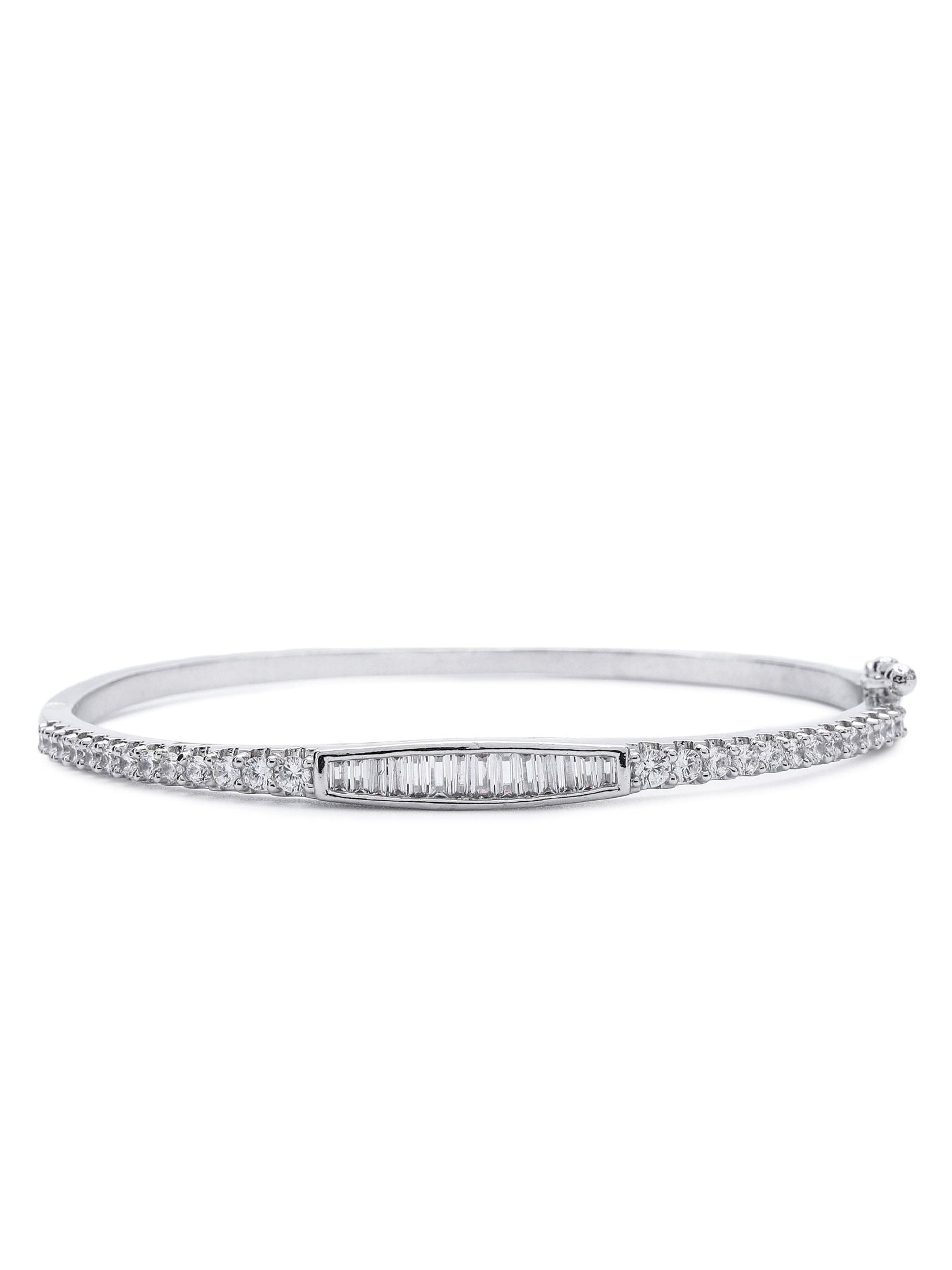 Sophisticated Rhodium Plated Bangle Bracelet with fancy cut baguette stone