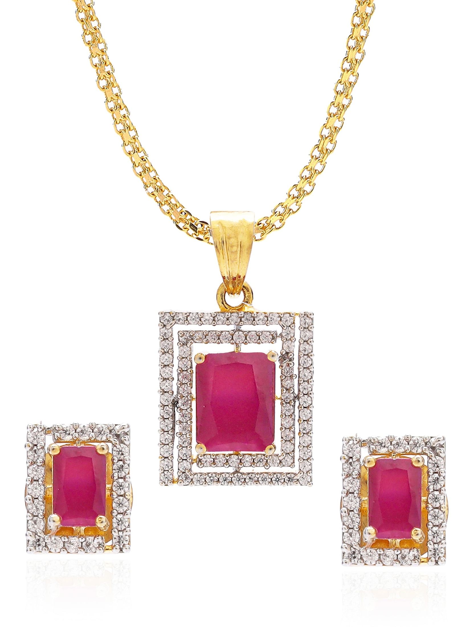 Bright Pink Square Shaped Pendant Earring Set