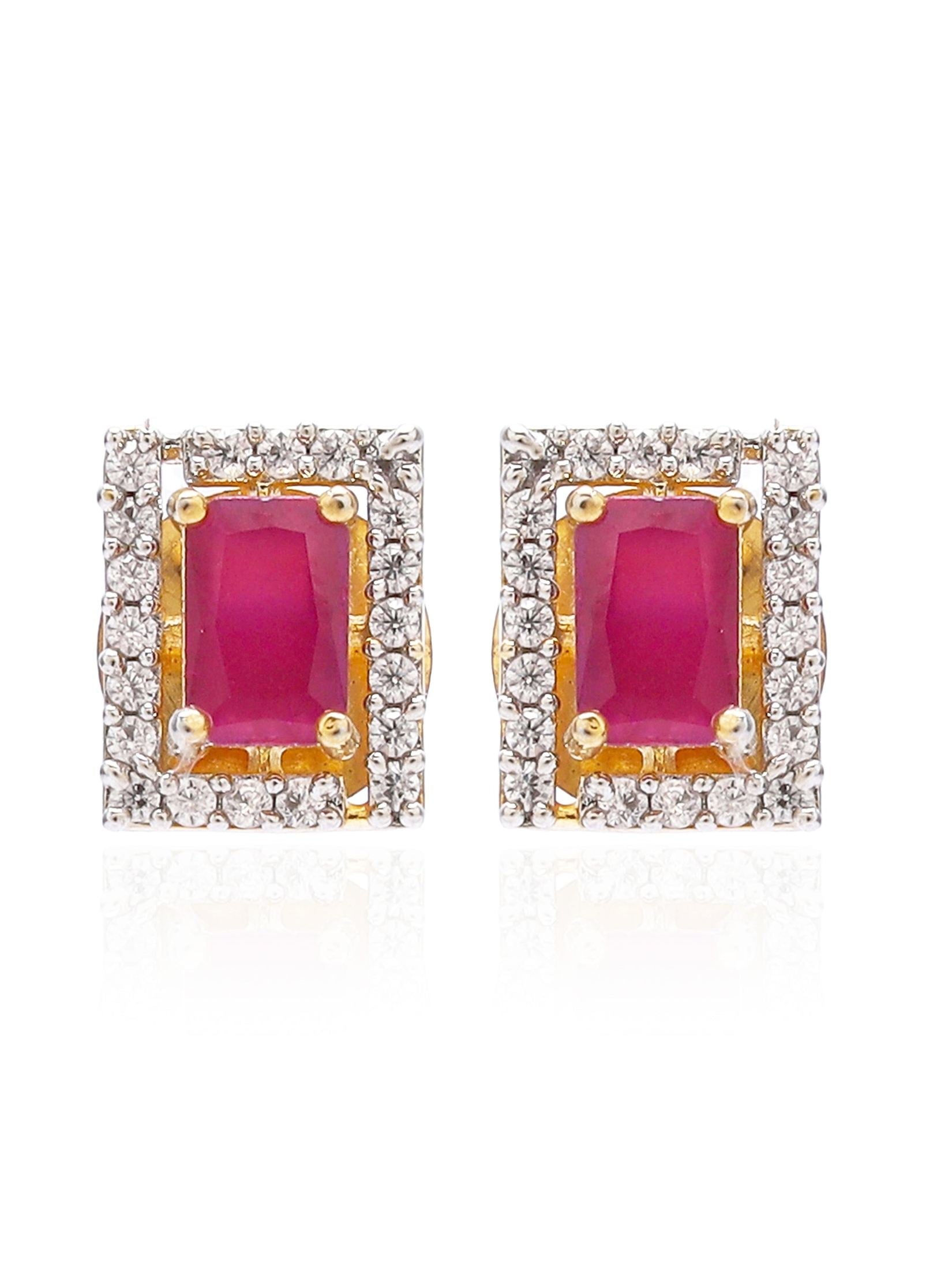 Bright Pink Square Shaped Pendant Earring Set