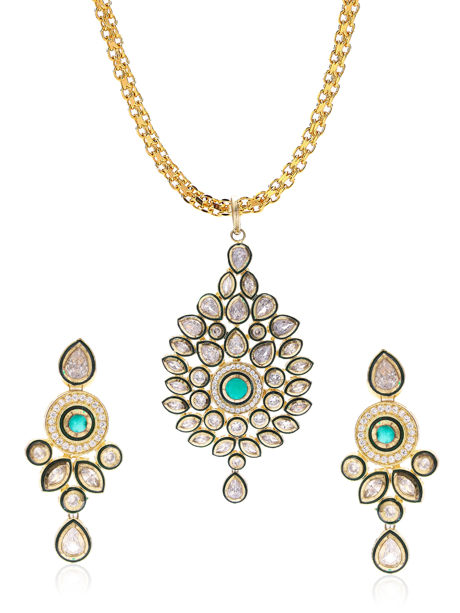 Beautiful Embellished Kundan Studded Forest Green Pendant set