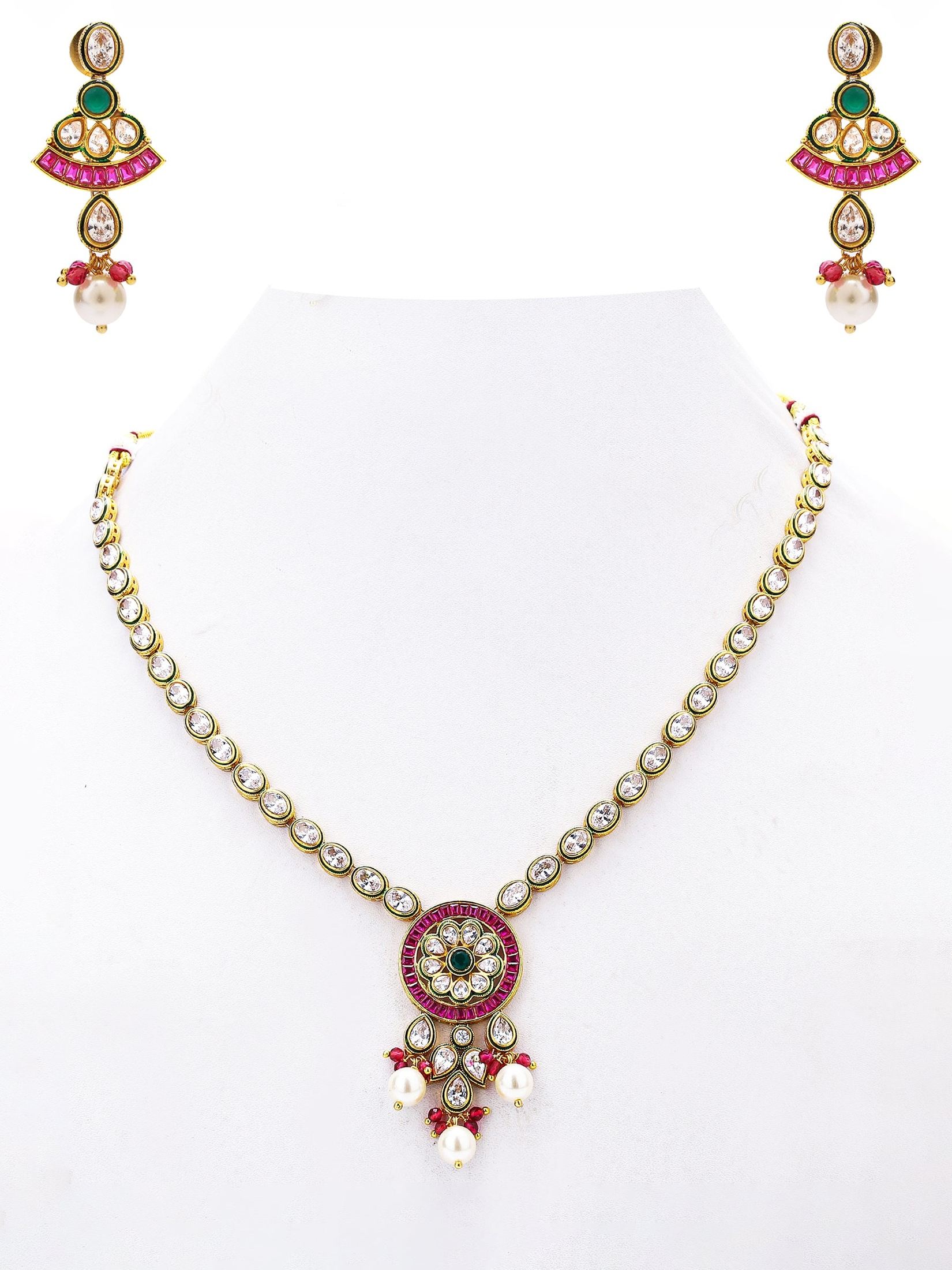 Traditional Long Necklace Set with Pearls and Stones