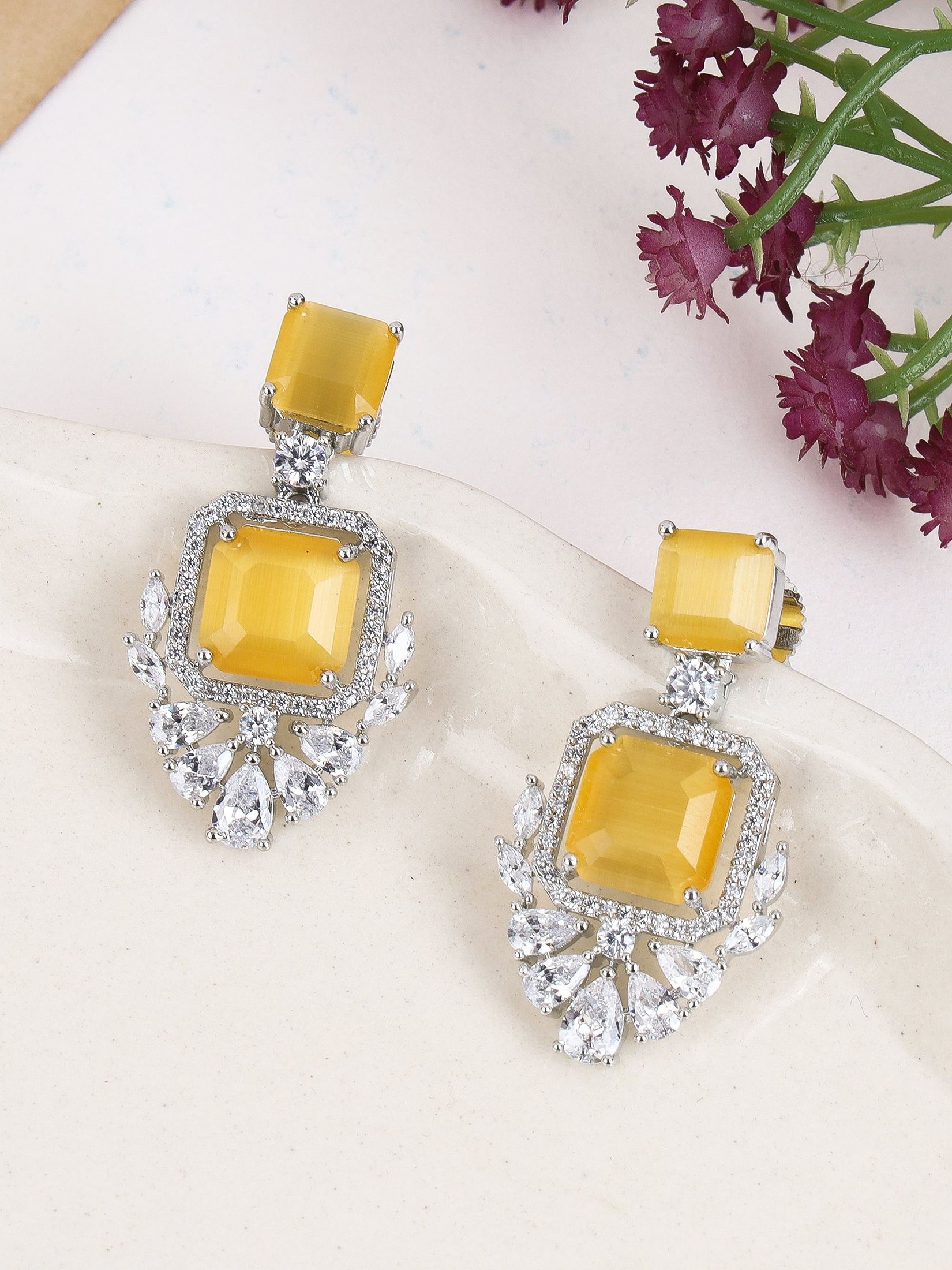 Soft Yellow Dual Stone Drop Earrings