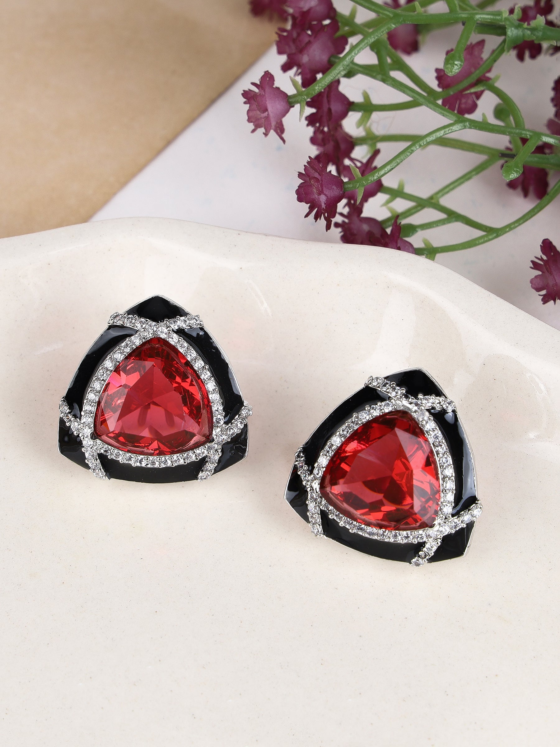 Party Wear studs with Black enamel and triangular Wine colored stones