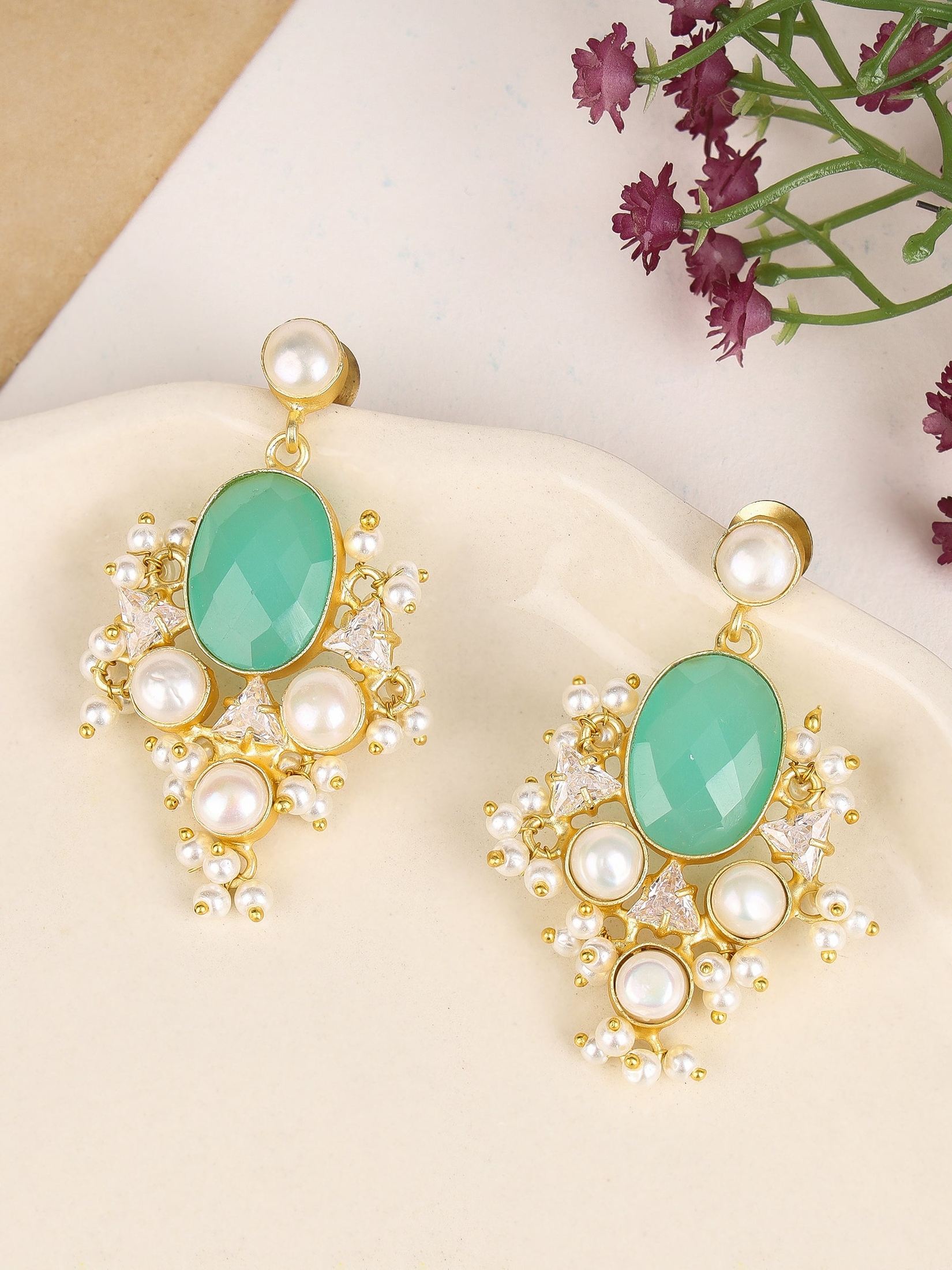 Oval Mint green pearl drop Earring