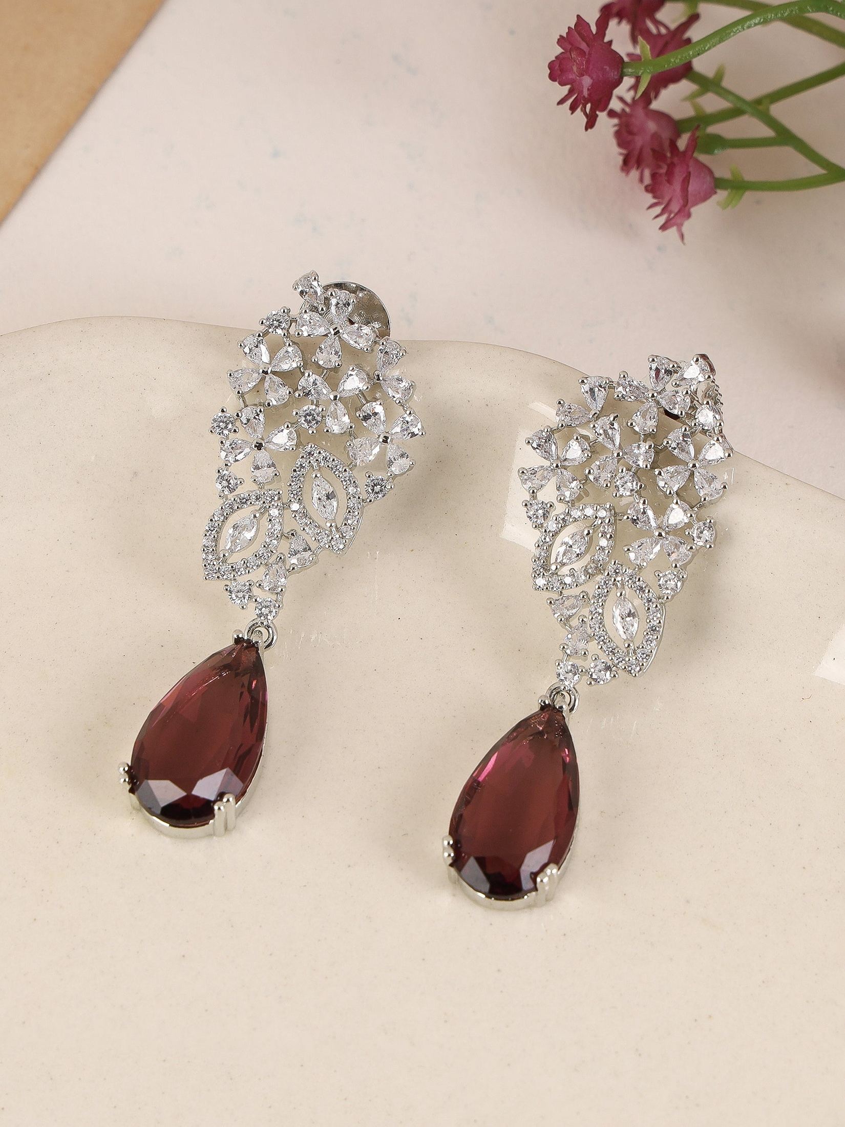 Wine Drop Earring with Fancy cut American Diamond