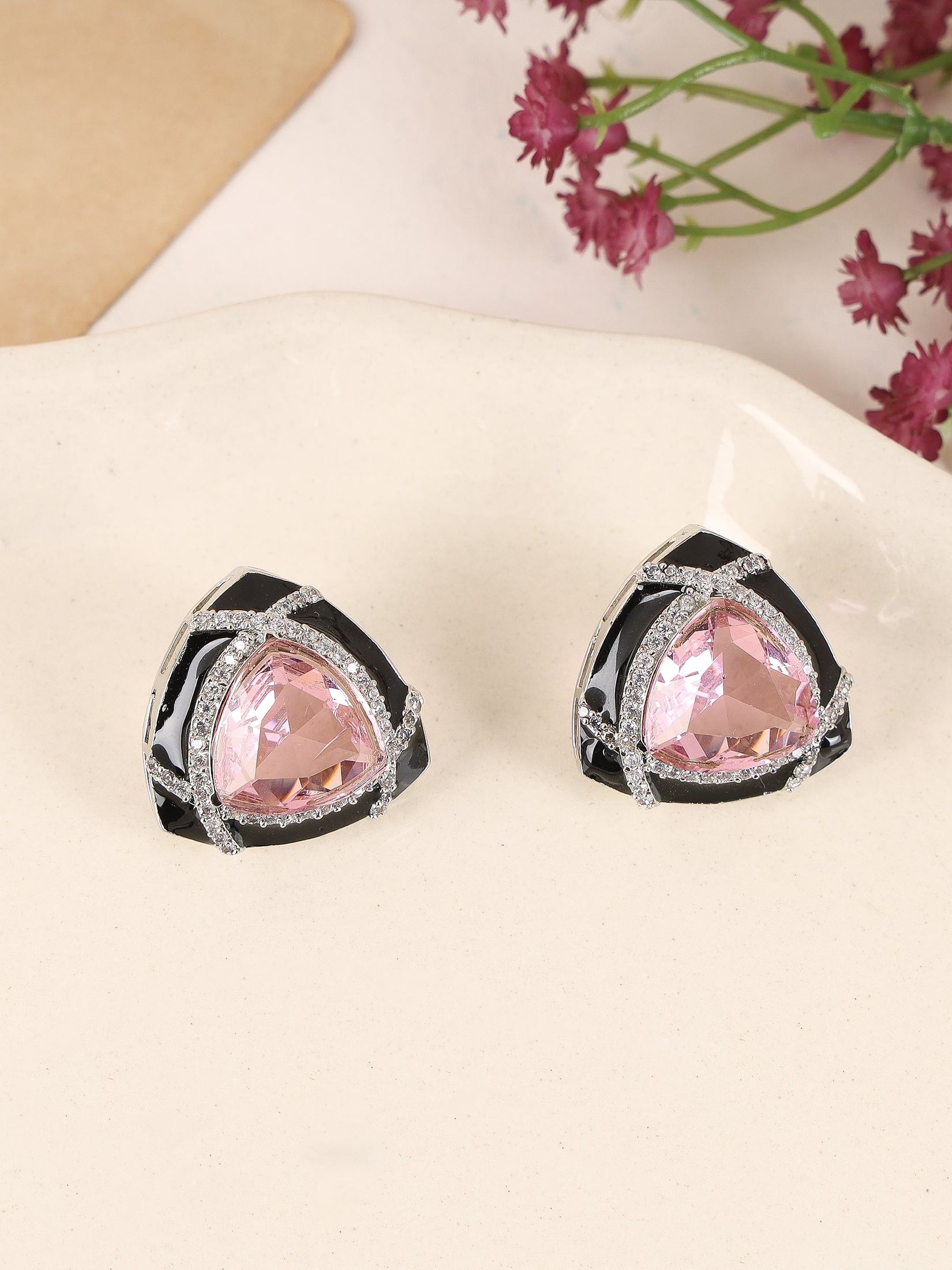 Party Wear studs with Black enamel and triangular Pink colored stones