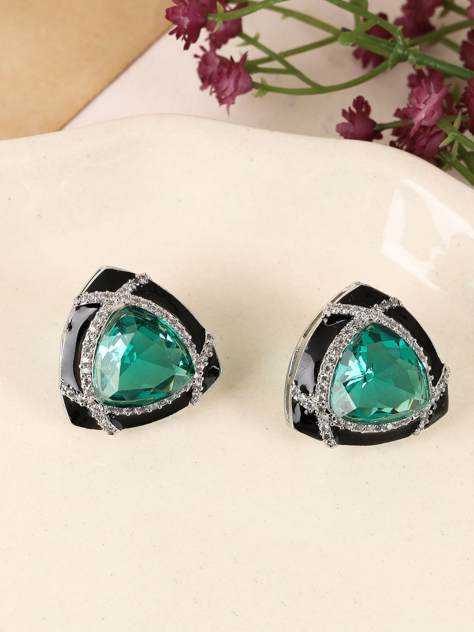 Party Wear studs with Black enamel and triangular Green colored stones