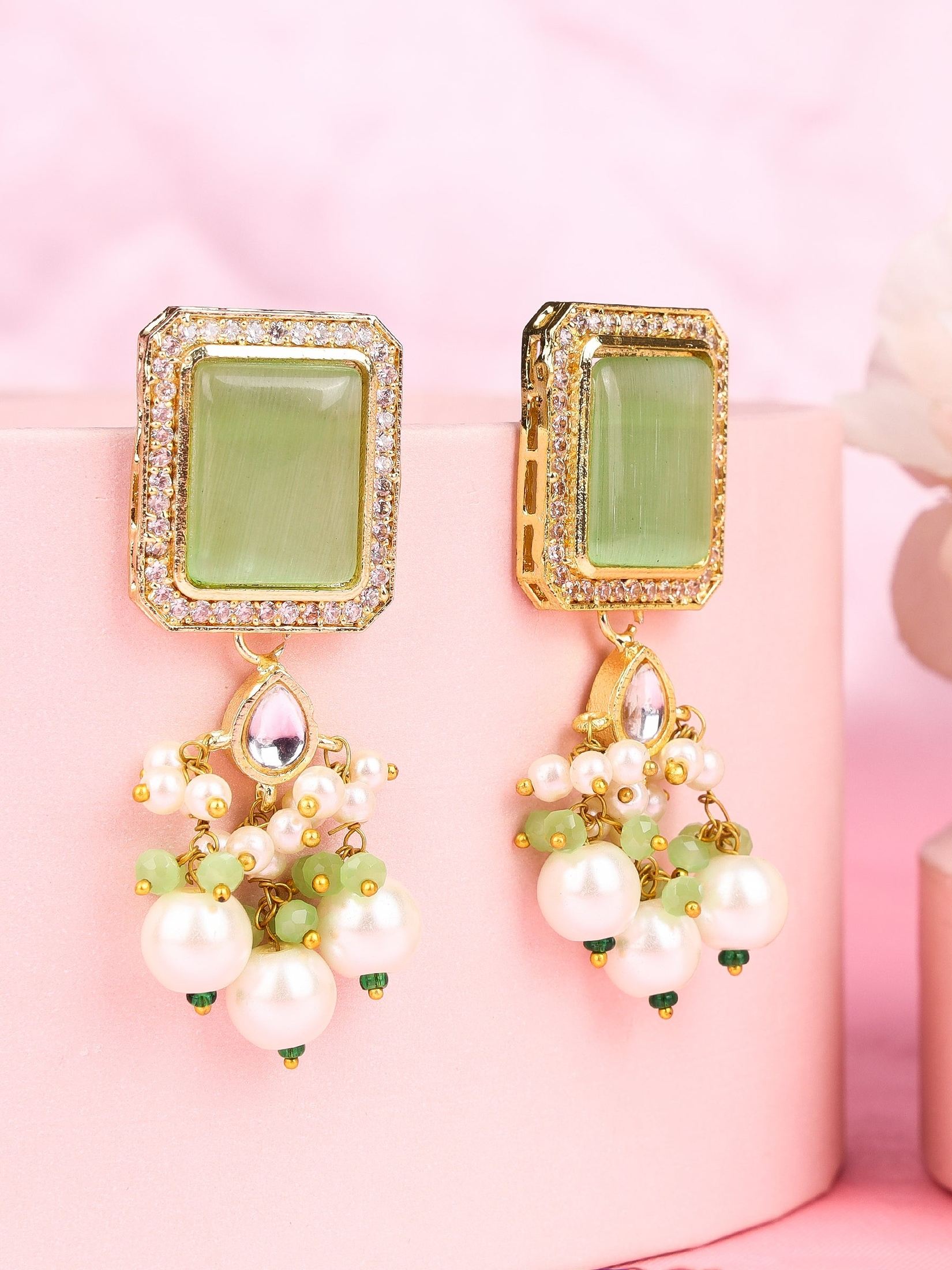 Pearl Danglers with Apple green Stone