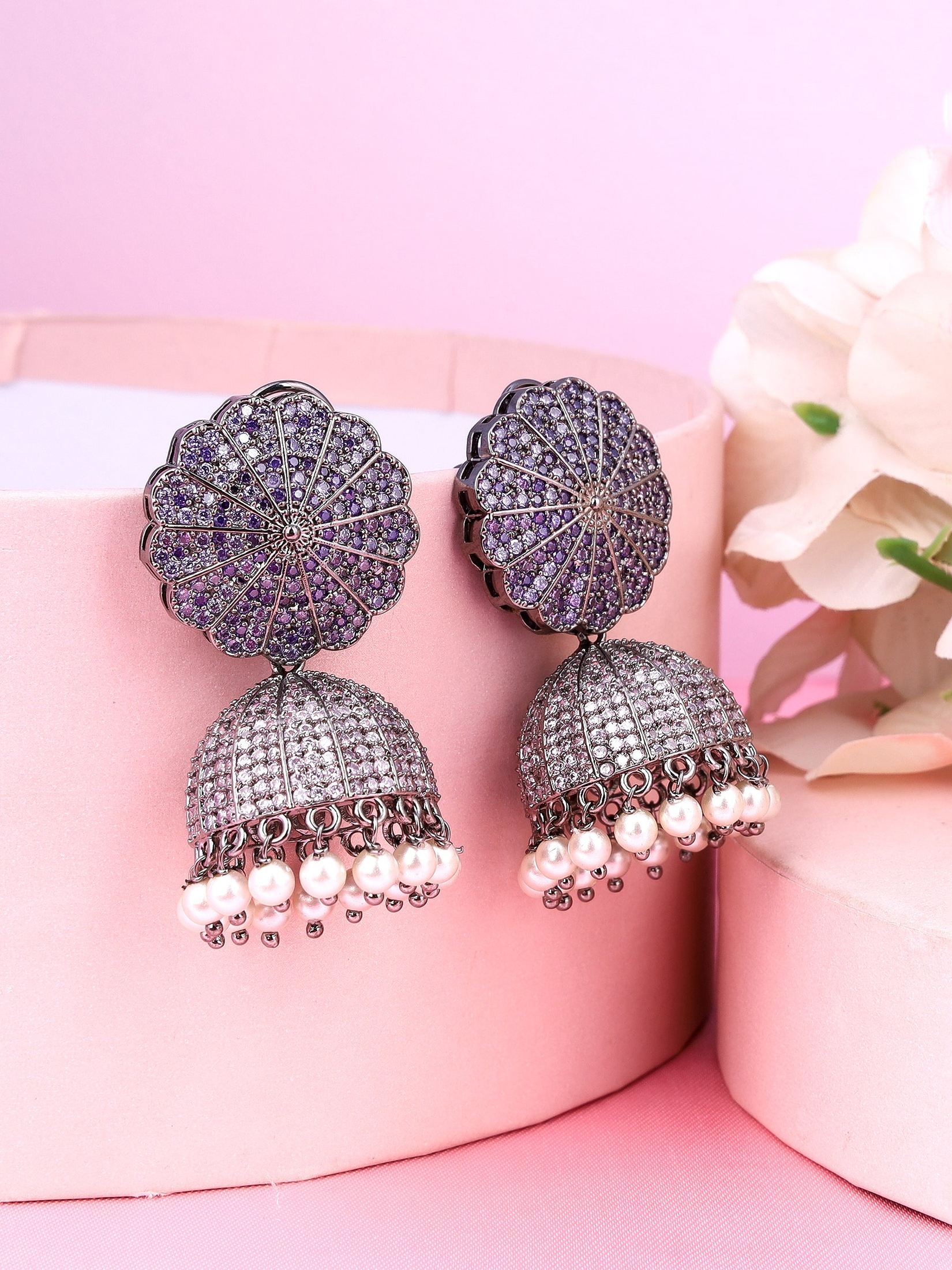 Gleamy Jhumka Earrings with colored american diamonds