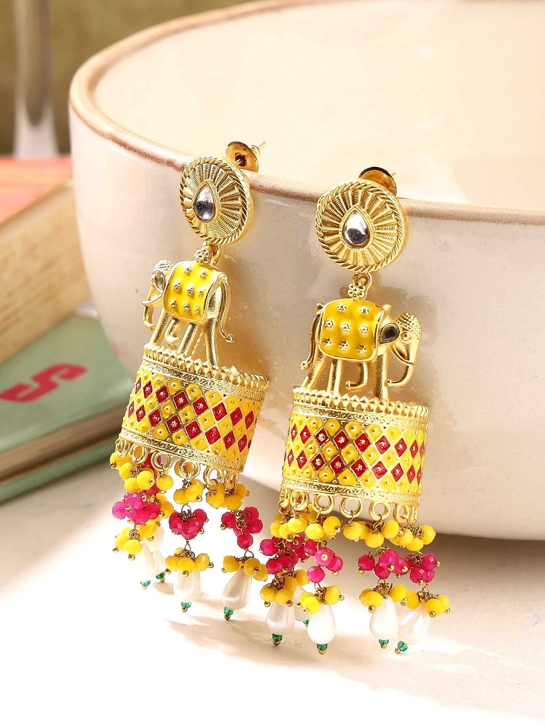 Bright Yellow Antique Elephant Earrings