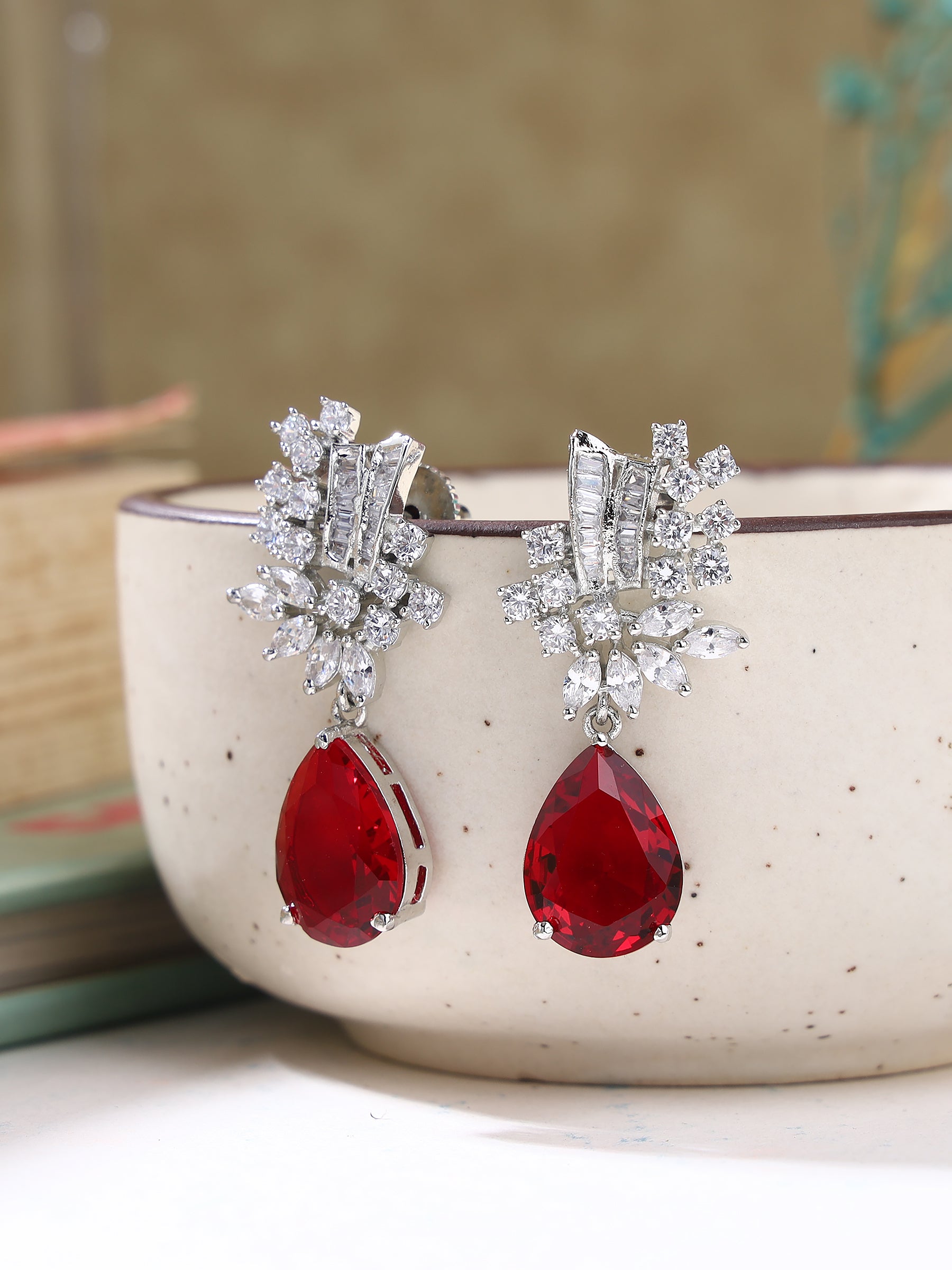 3-pronged Wine Drop Earring with Fancy cut American Diamonds