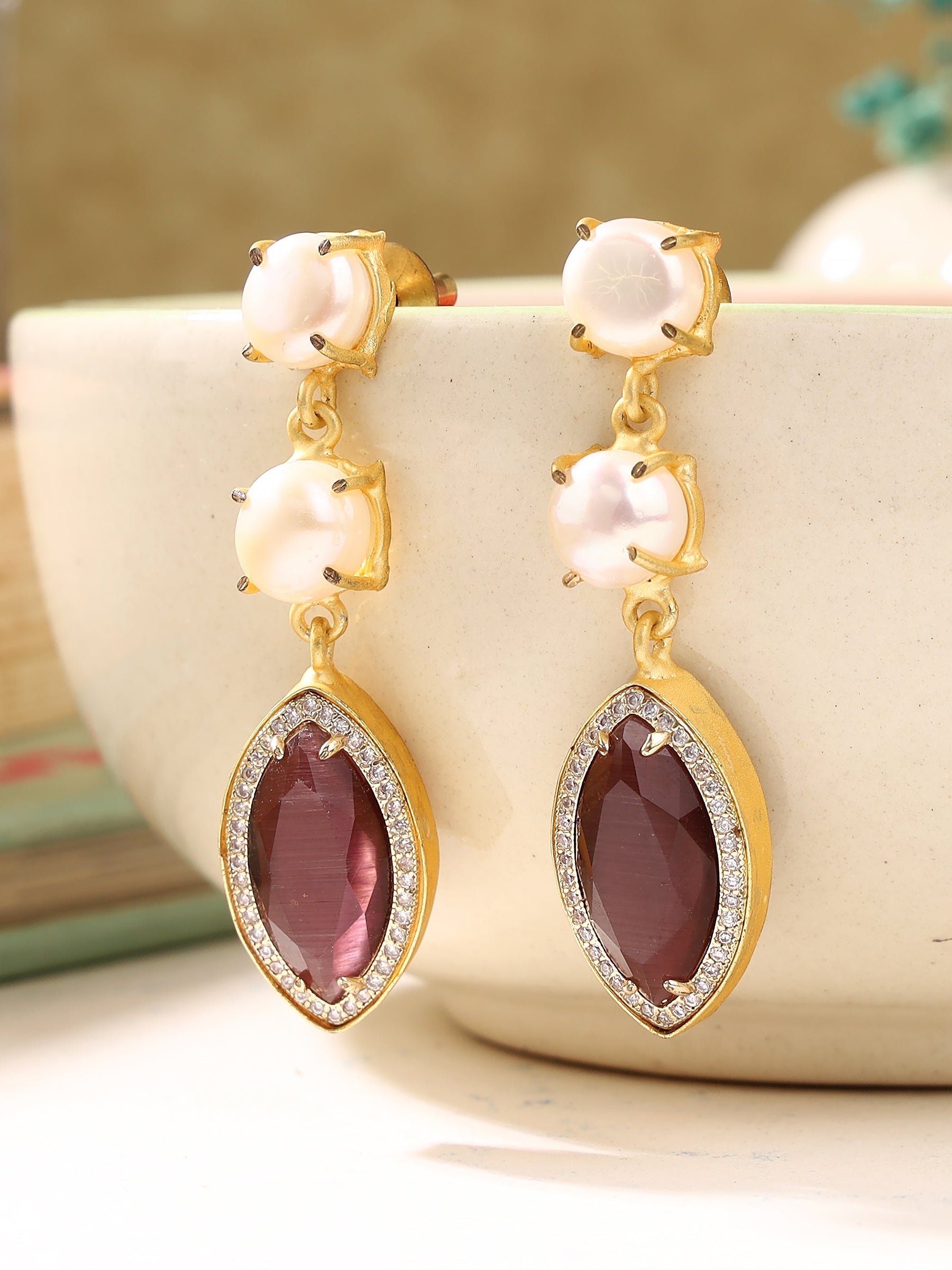 Classic Pearl and Wine crystal dangler earring