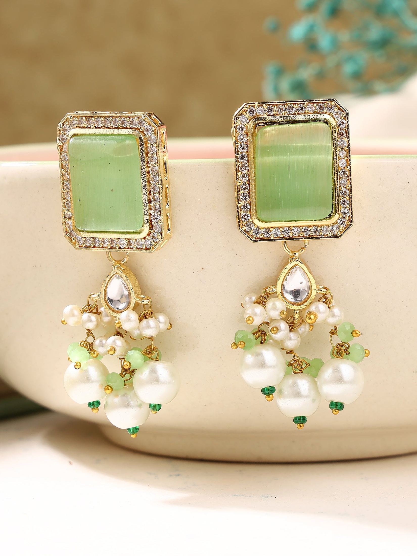 Pearl Danglers with Apple green Stone