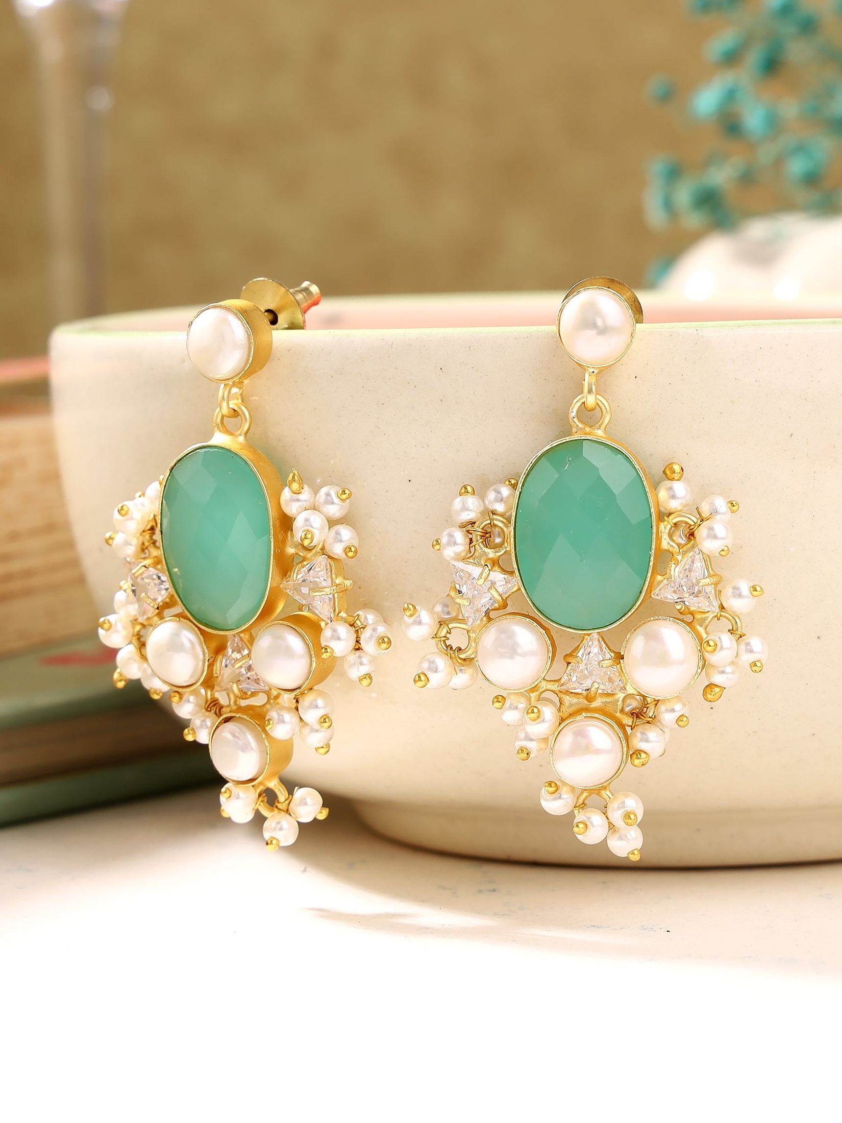 Oval Mint green pearl drop Earring