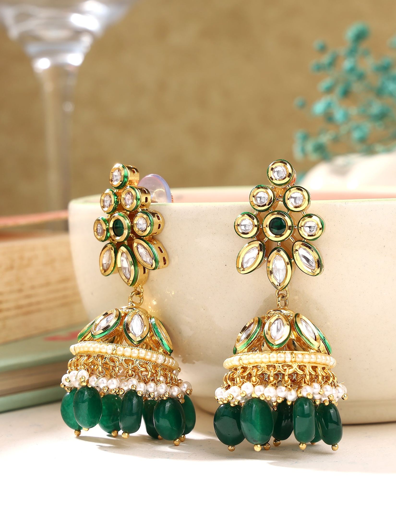 Polki jhumki earring with faux pearls