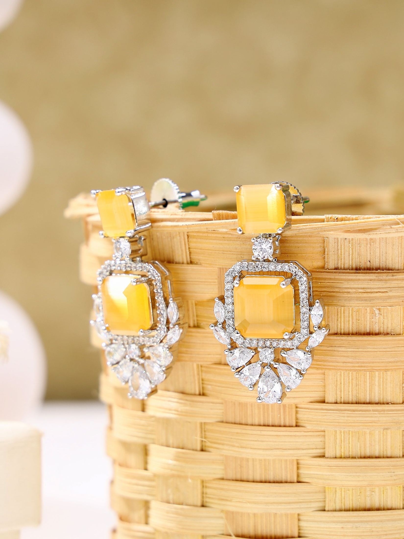 Soft Yellow Dual Stone Drop Earrings