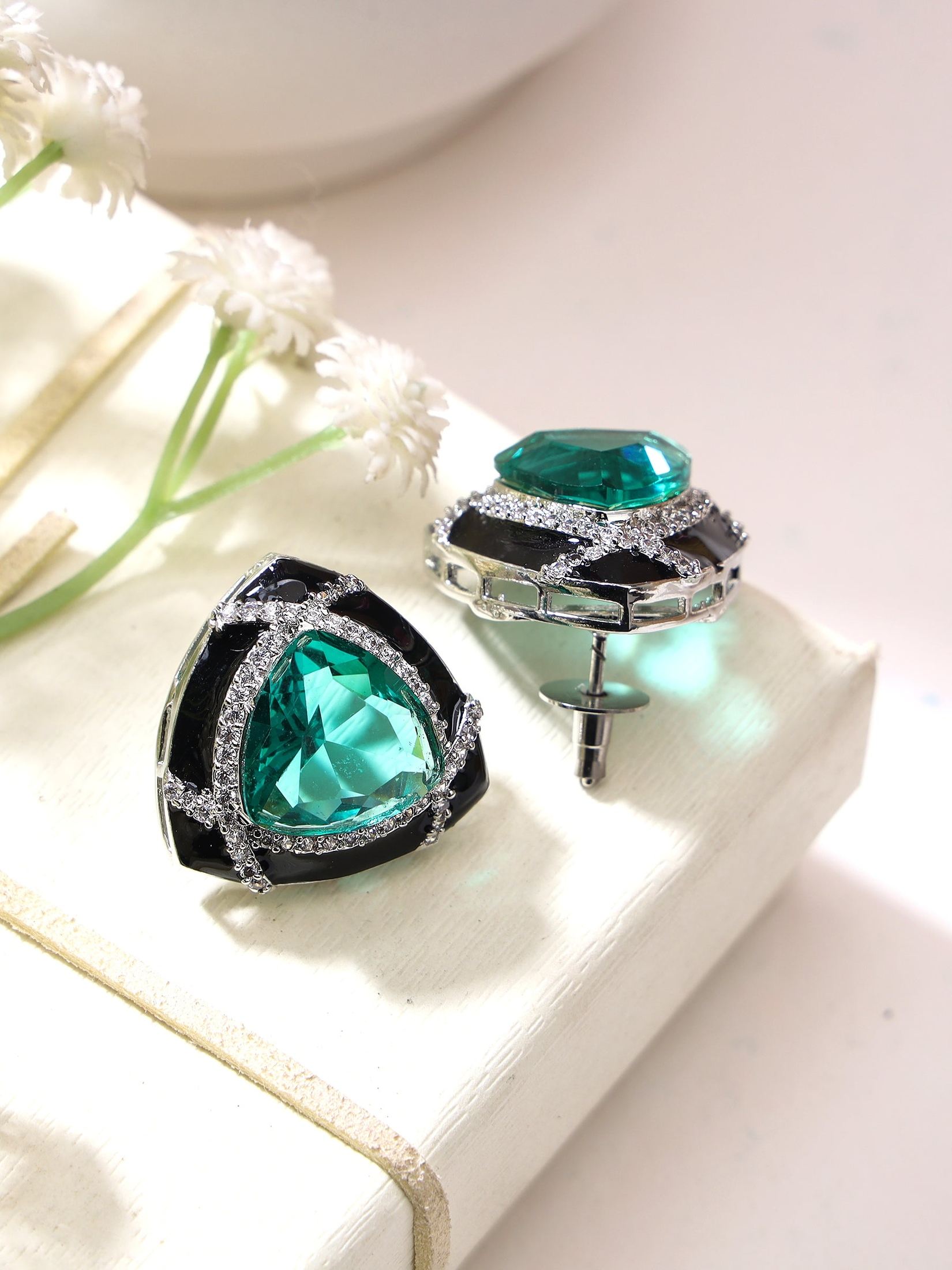 Party Wear studs with Black enamel and triangular Green colored stones