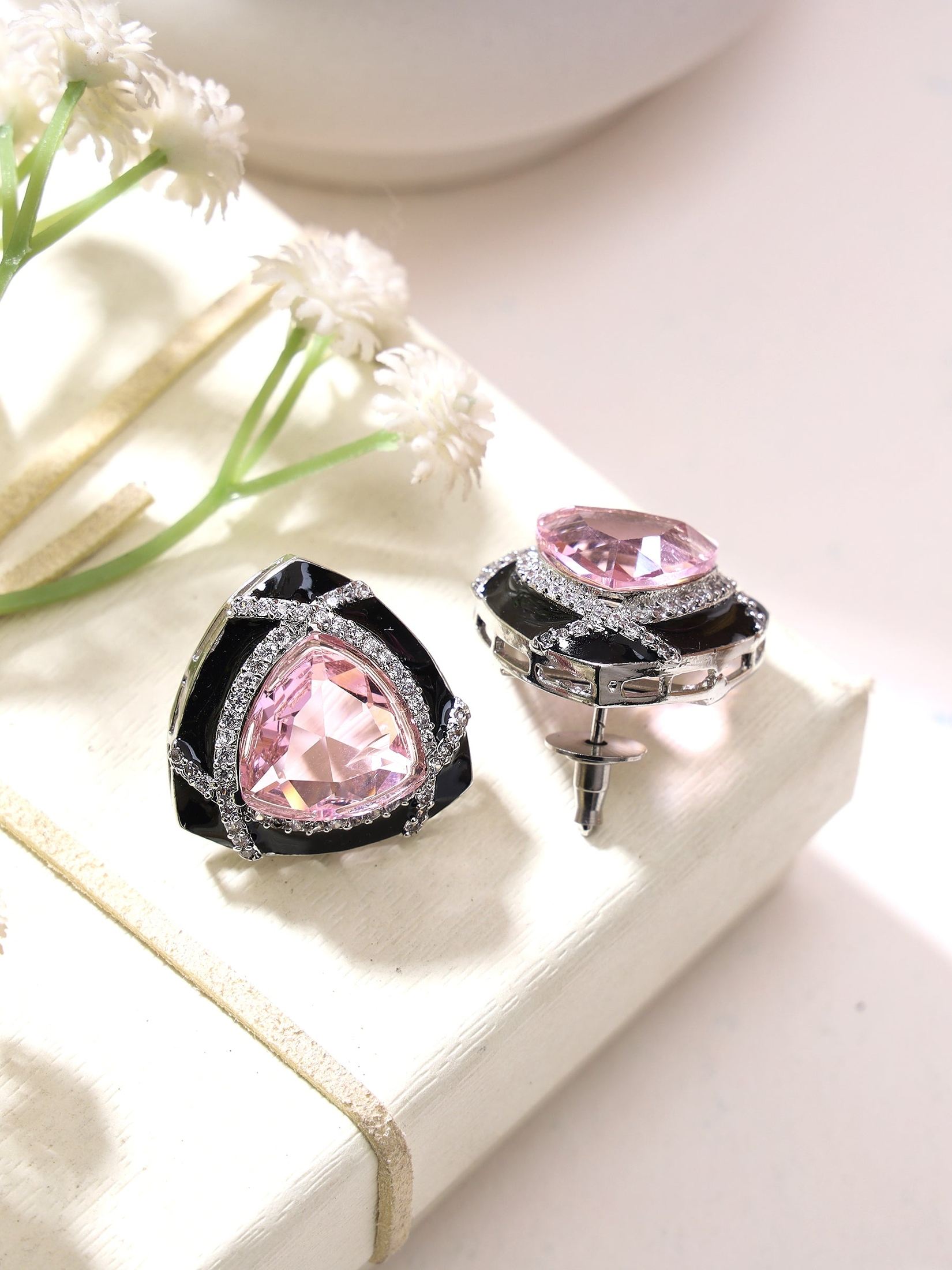 Party Wear studs with Black enamel and triangular Pink colored stones