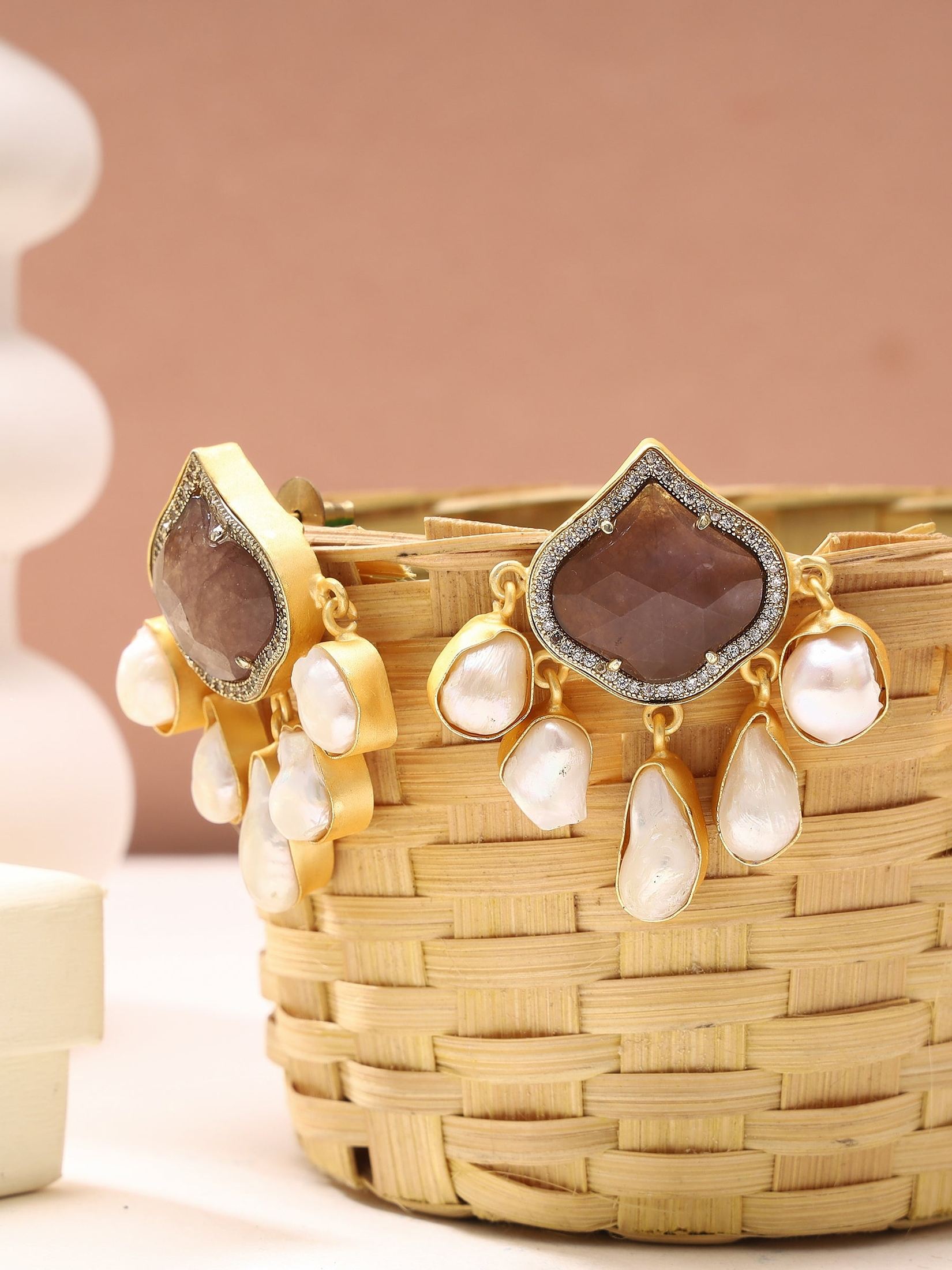 Dangling Pearl Earrings with Opulent Center Stone