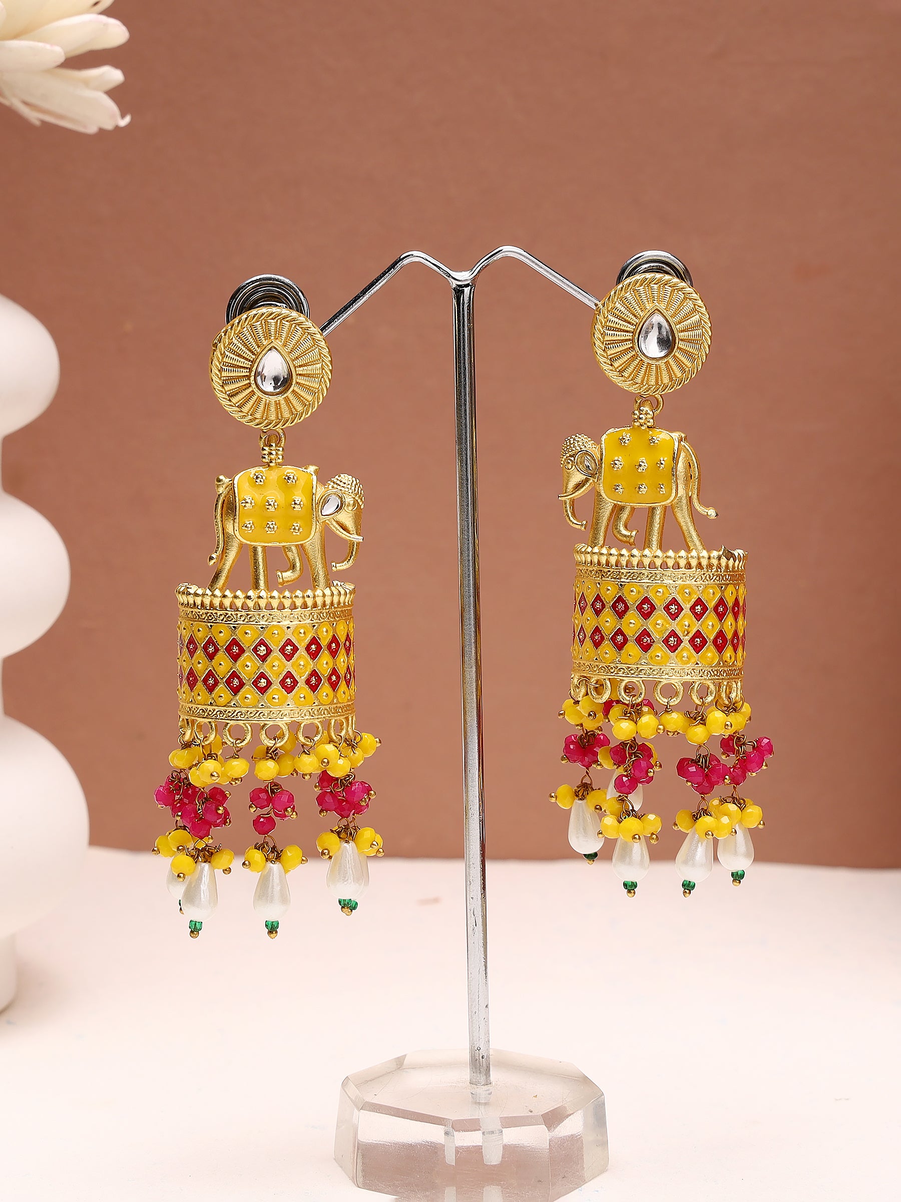 Bright Yellow Antique Elephant Earrings