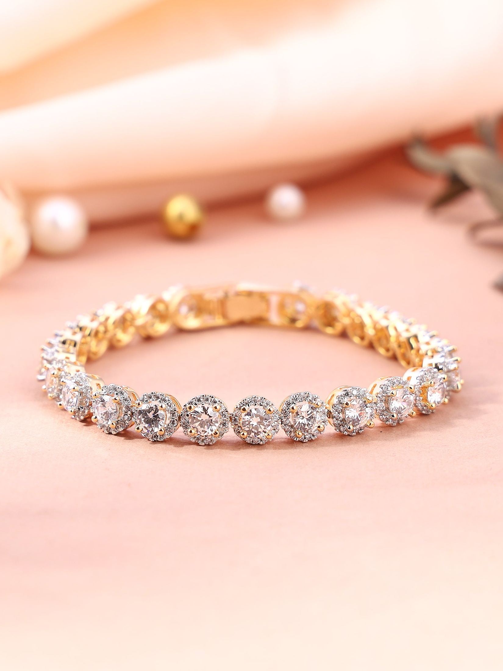 Gold Plated Bracelet Tennis with American Diamond Solitaires