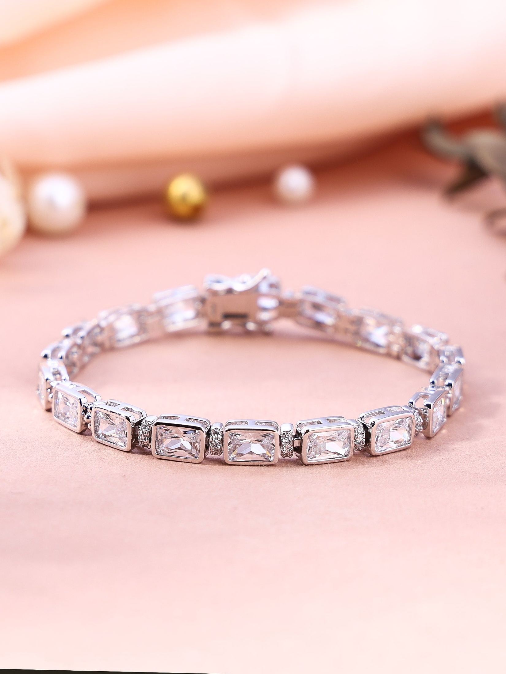 Rhodium Plated Tennis Bracelet with big cushion cut zirconia stones