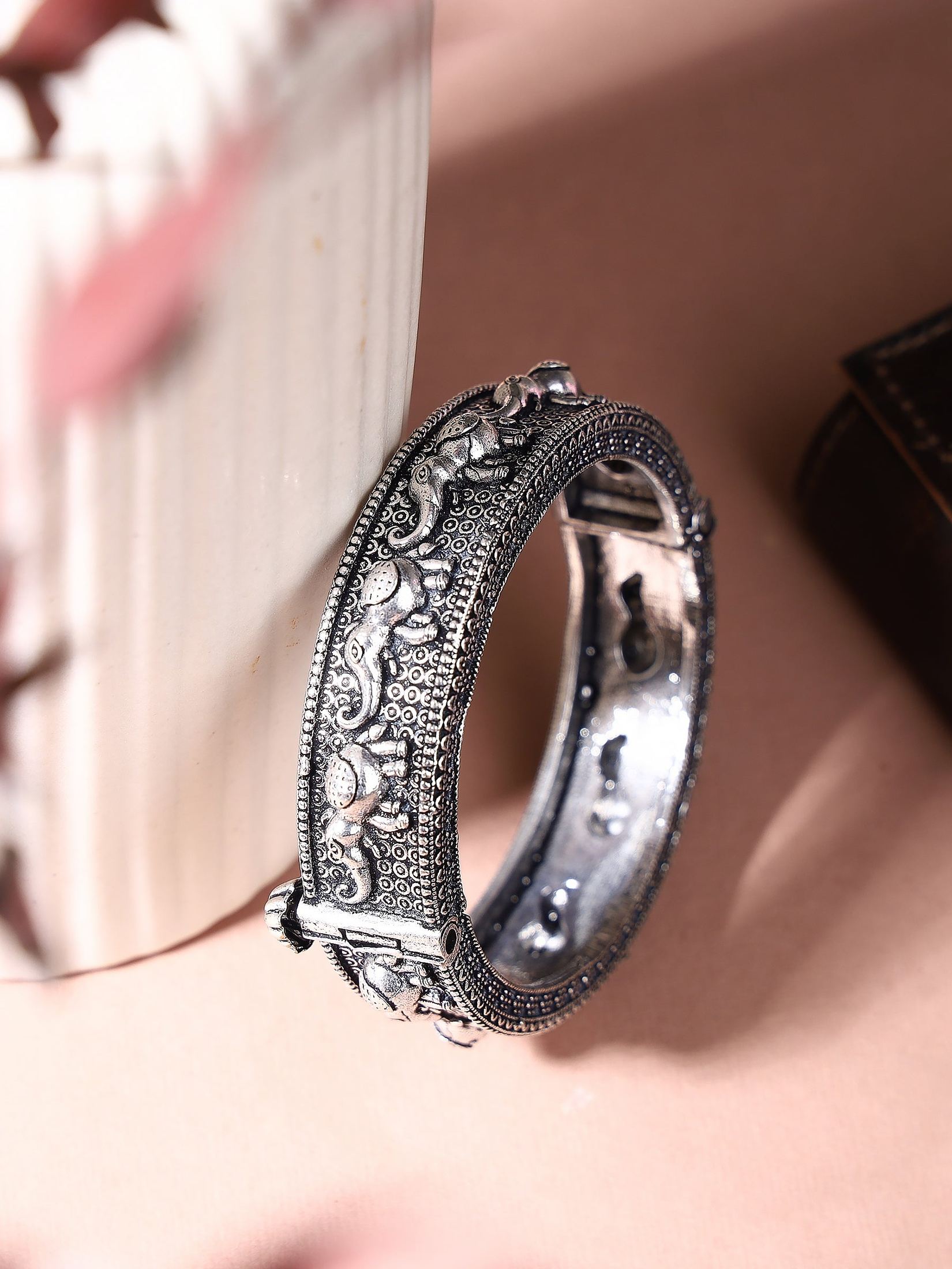 Antique Oxidised Silver Screw Closure Elephant Bracelet