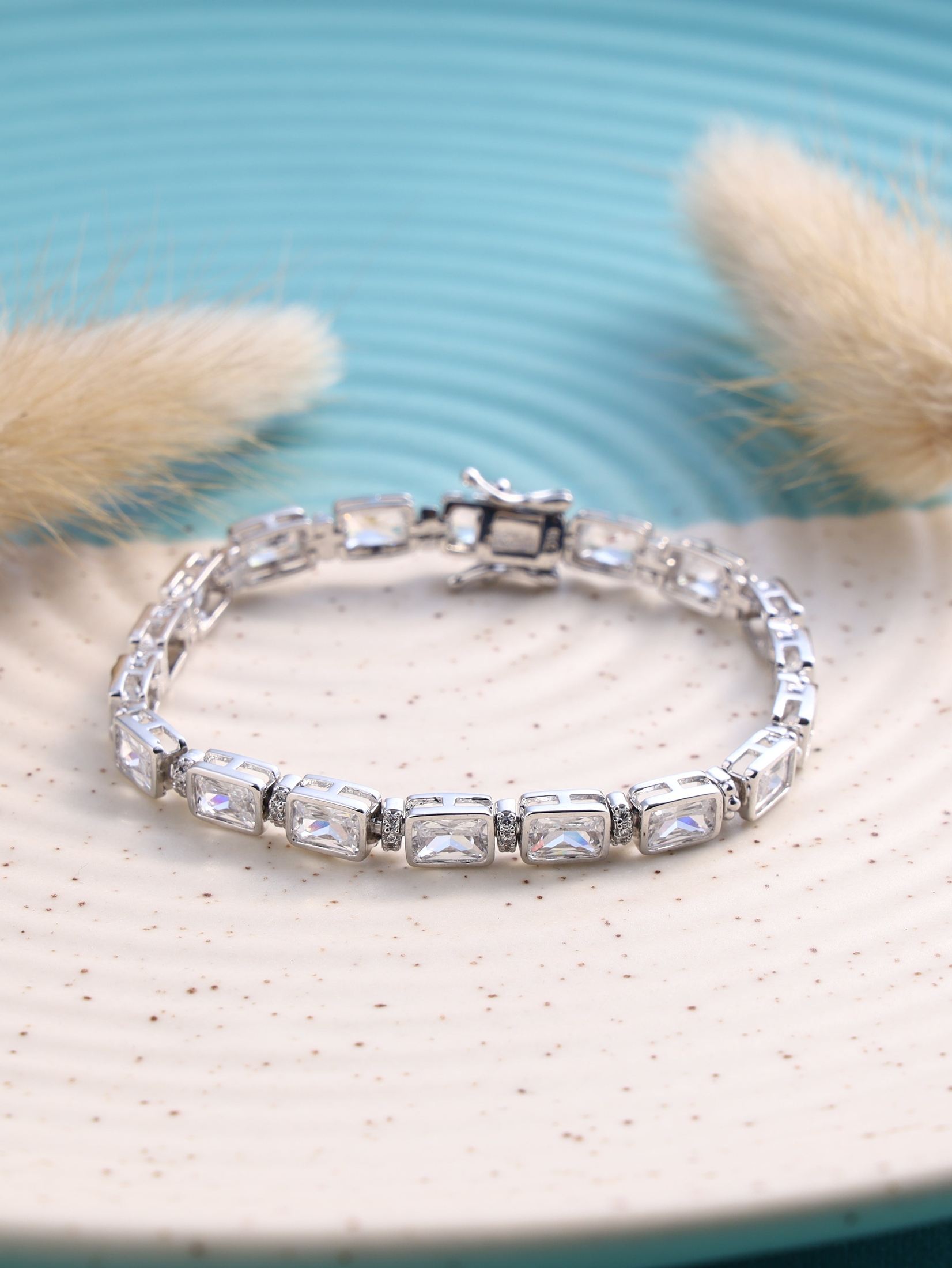 Rhodium Plated Tennis Bracelet with big cushion cut zirconia stones