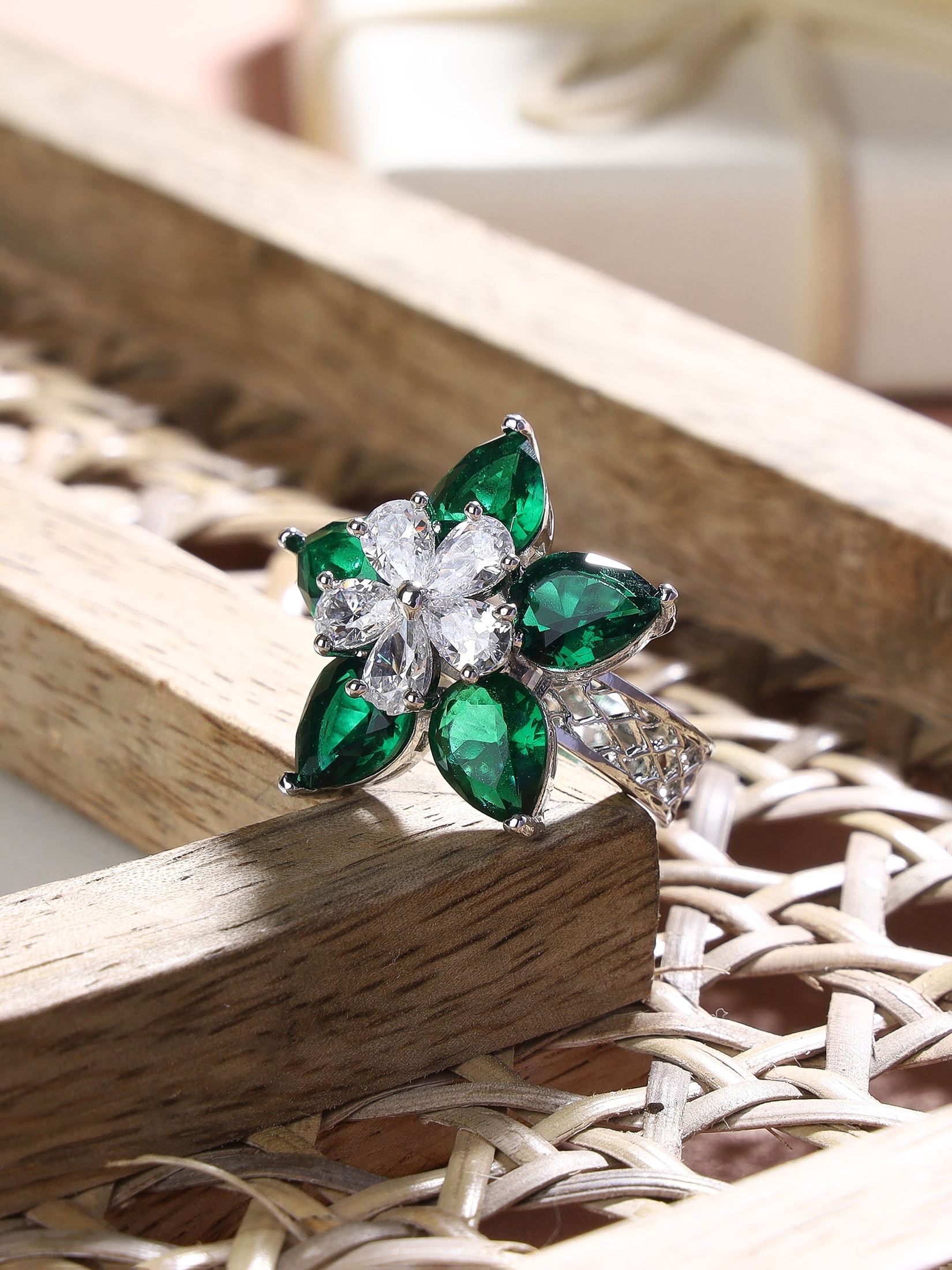 5-Petal Forest Green Ring with Pear shaped stones