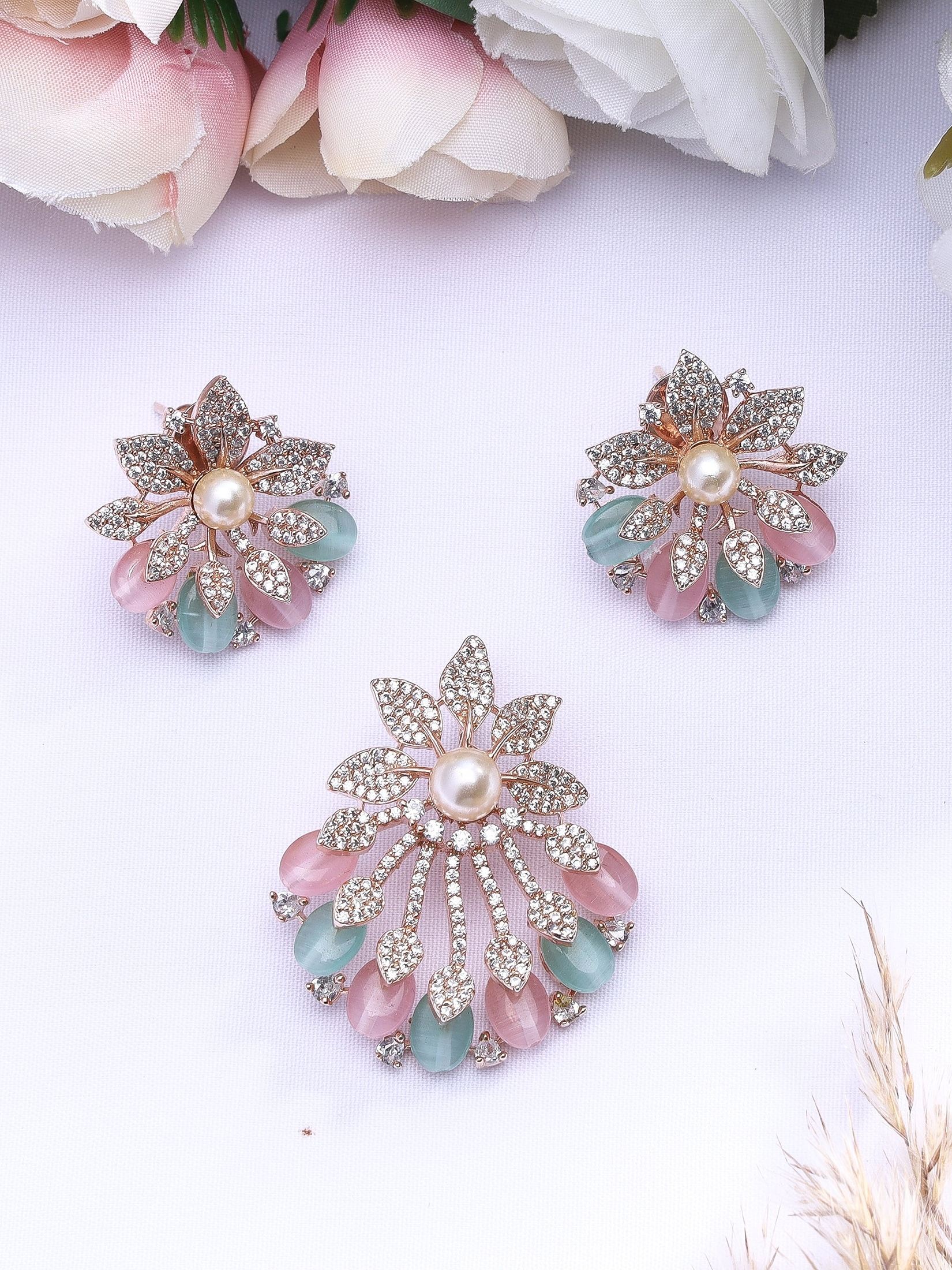 Pastel Multicoloured Floral Crystal Pendant Set