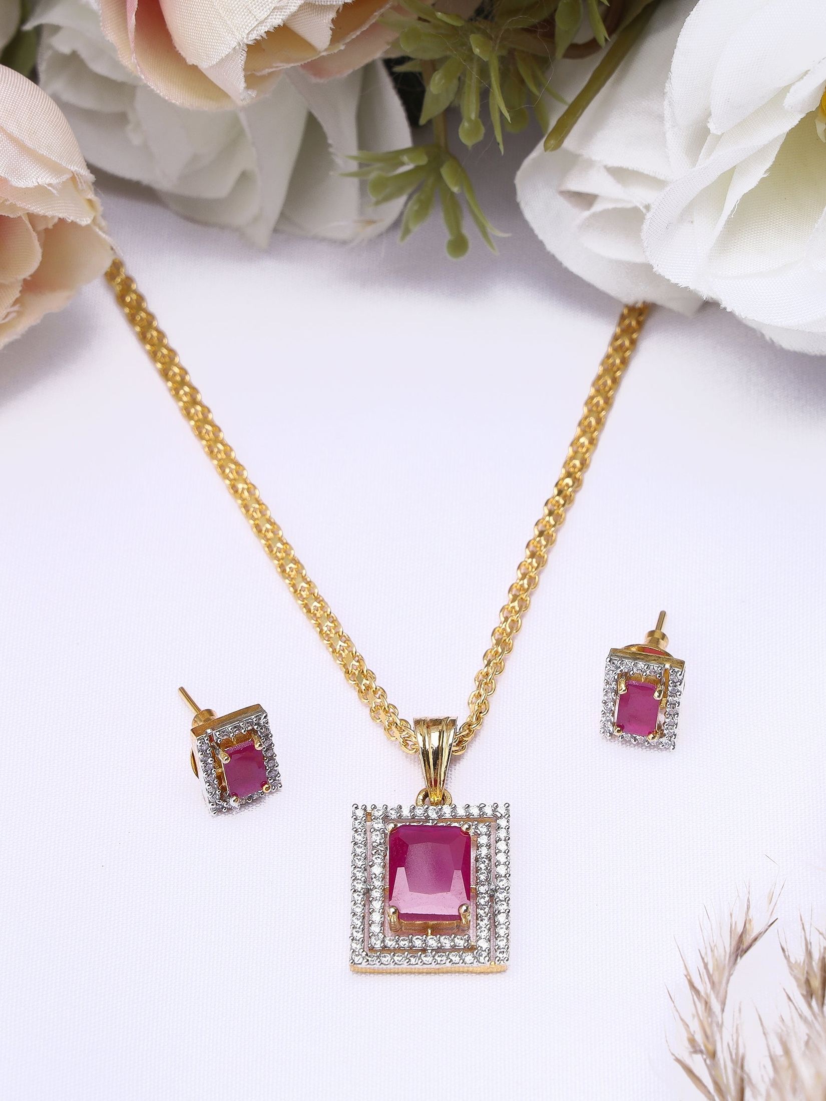 Bright Pink Square Shaped Pendant Earring Set