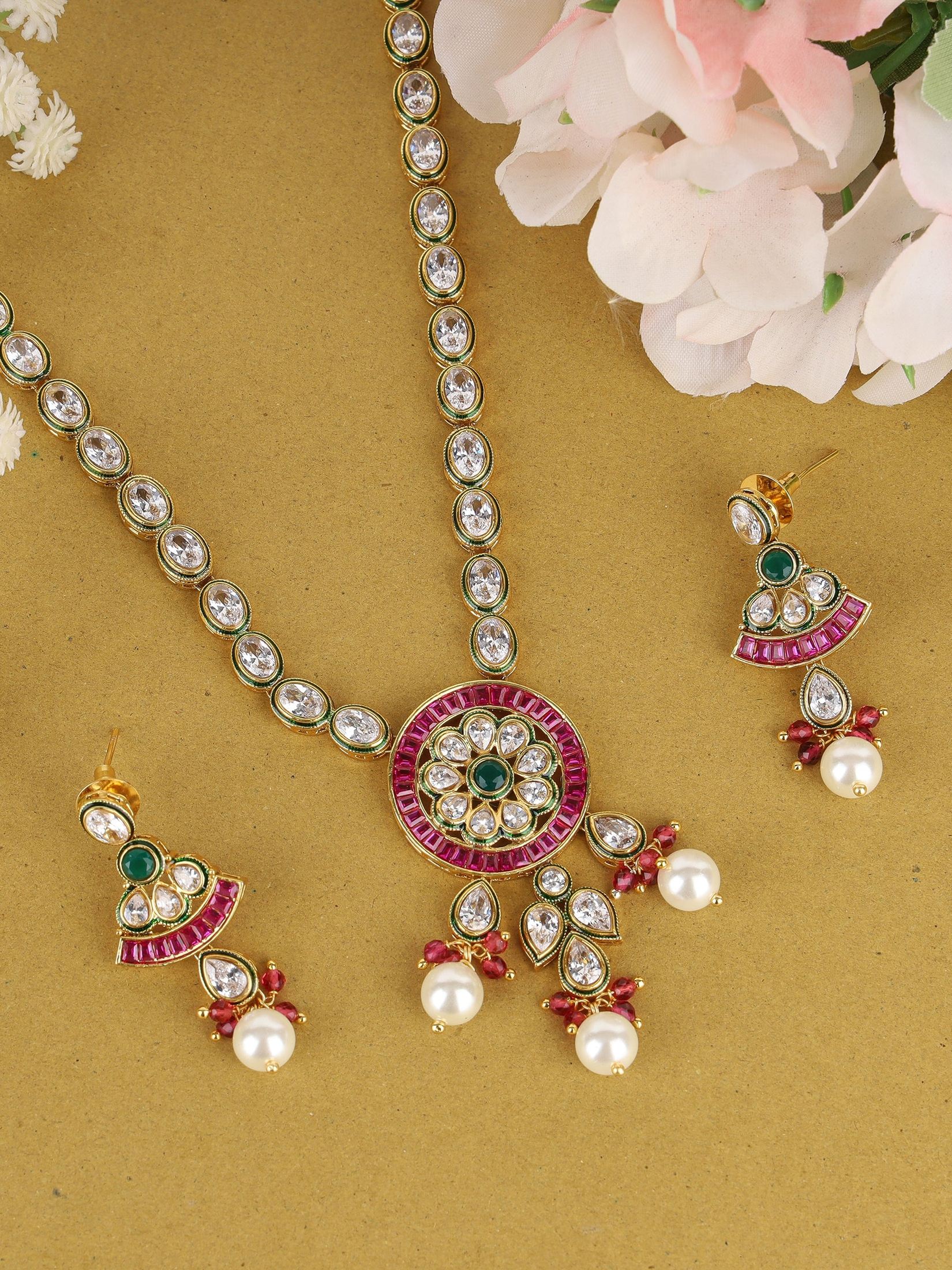 Traditional Long Necklace Set with Pearls and Stones